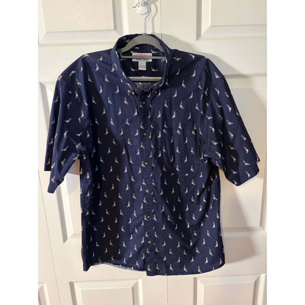 Boca Classics Mens Large Navy Blue Sailboat Print Short Sleeve Button Down Shirt